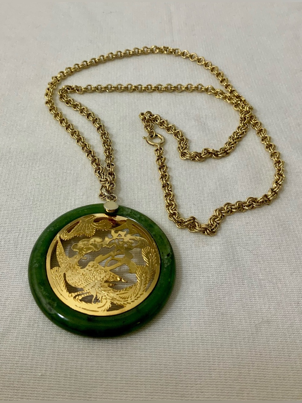 Vintage Asian Inspired Phoenix Love Pendant Necklace Green Stone Gold Tone